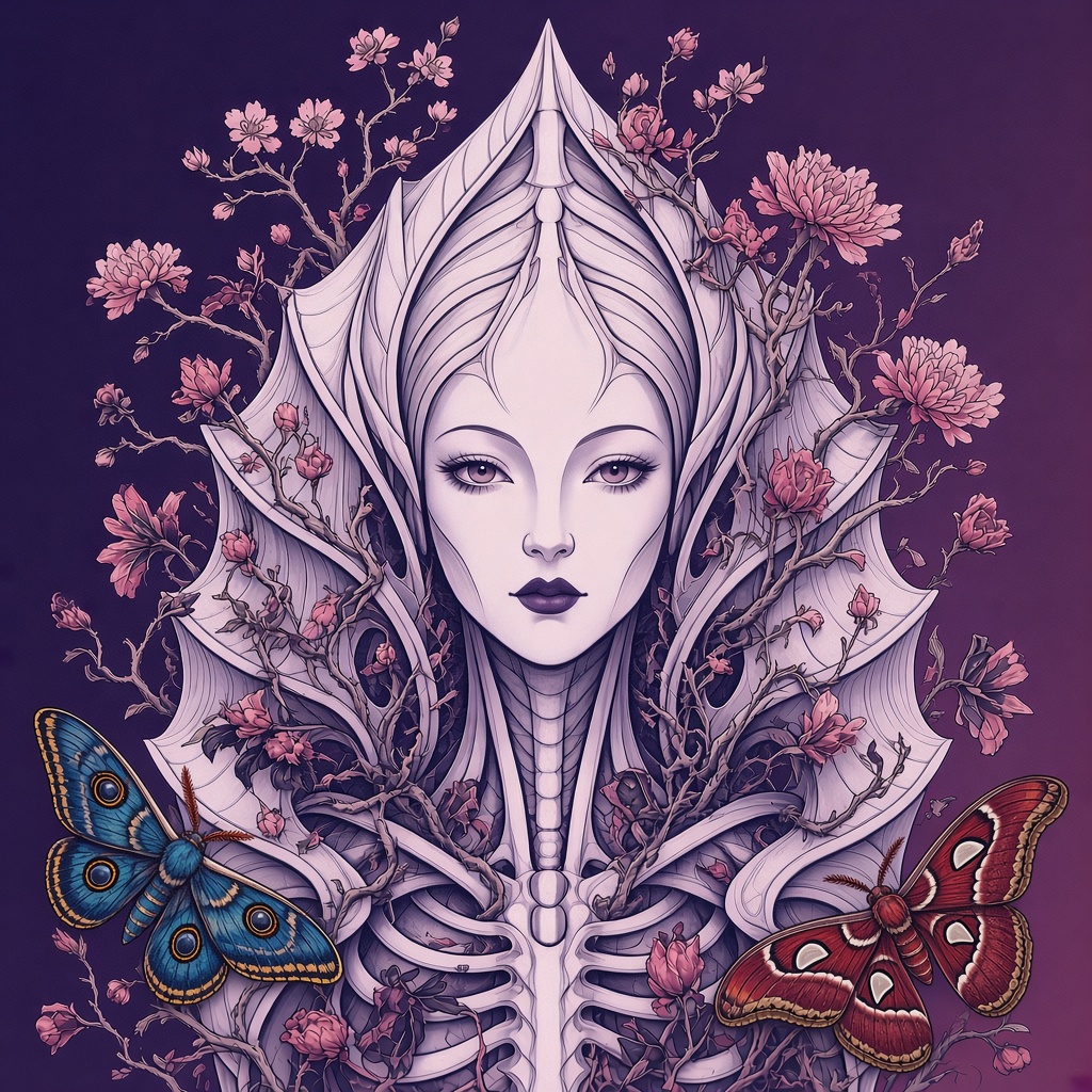 Retrato ilustrado de una figura ósea y floral con dos polillas, símbolo de Xenossis