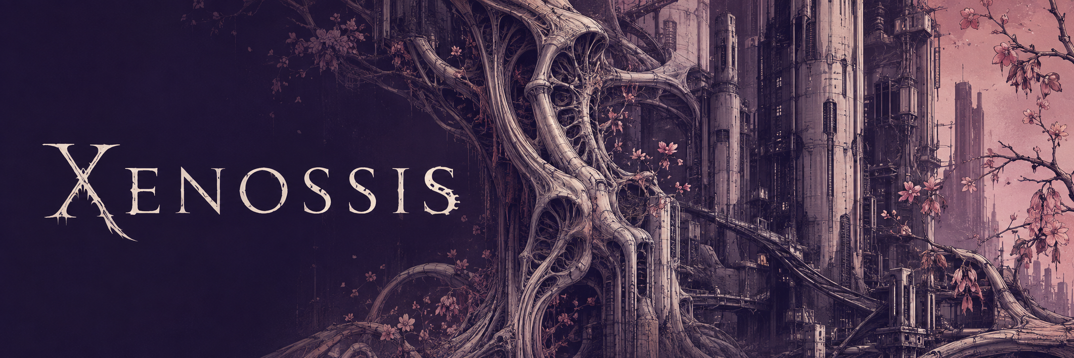Xenossis sobre raíces óseas y biomecánicas entrelazadas con una ciudad en ruinas, bajo un cielo violeta